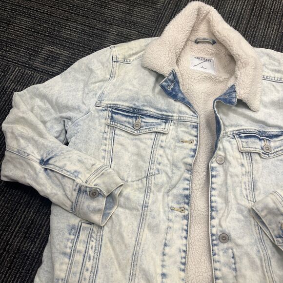 HOLLISTER Women’s Sherpa Lined Acid Wash Denim Boyfriend Jacket Blue Size Large - Picture 6 of 12